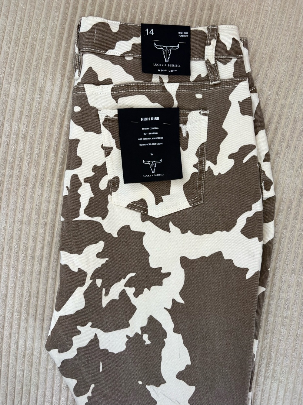 Lucky & Blessed Brown and Cream Cow Print Flare Jeans Size 14 - Picture 9 of 9